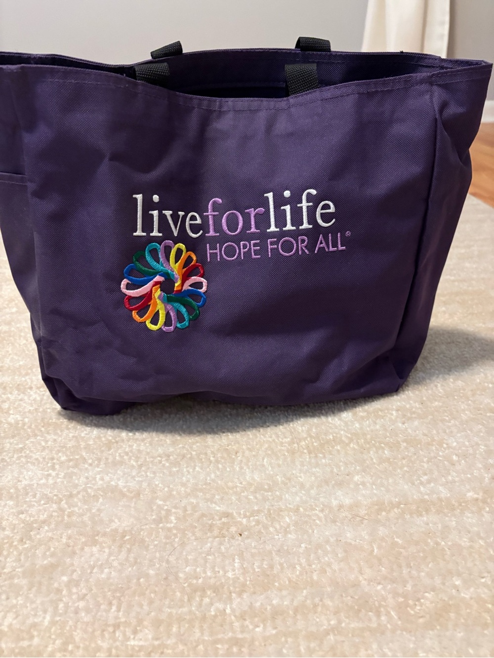 Purple Tote Bag with Embroidered Cancer colors Logo
